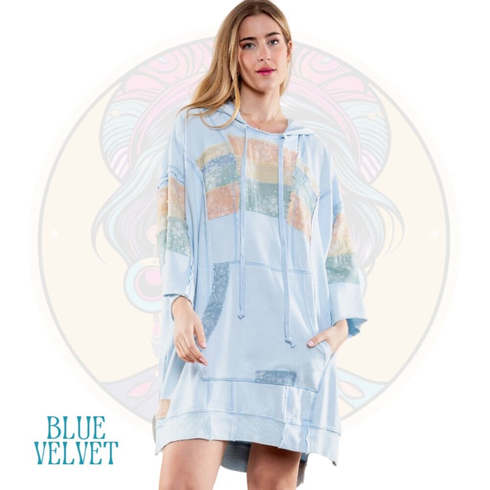 7V BLUE VELVET Mineral Wash Patchwork Long Hoodie in Blue
